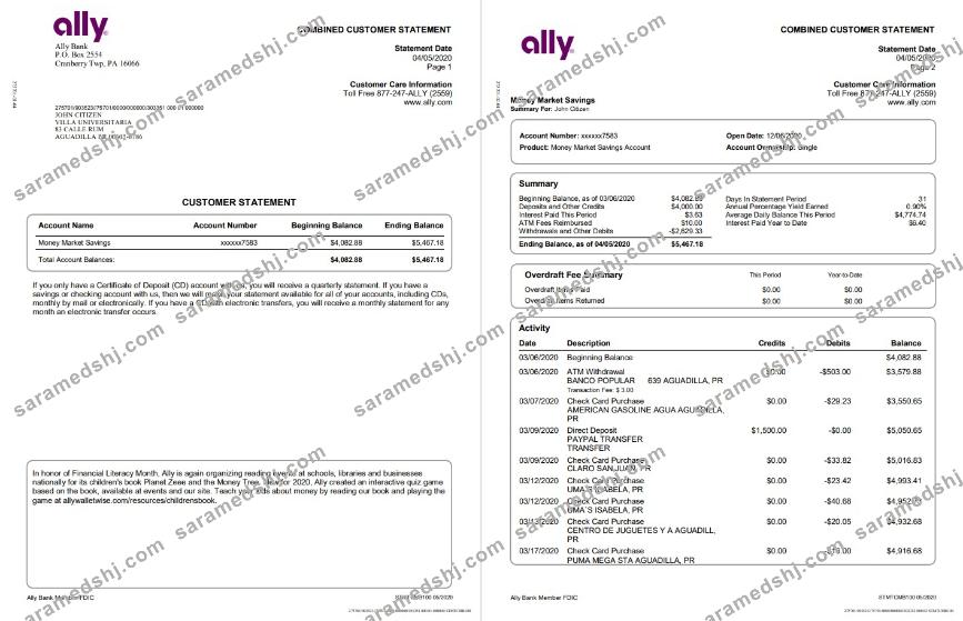 USA Ally Bank statement template in Word and PDF format (4 pages)